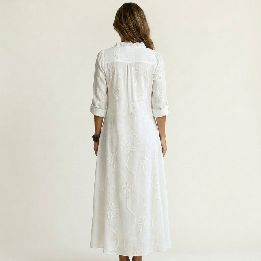 Mariam™ | Cotton-Linen Maxi Dress with Tonal Floral Embroidery