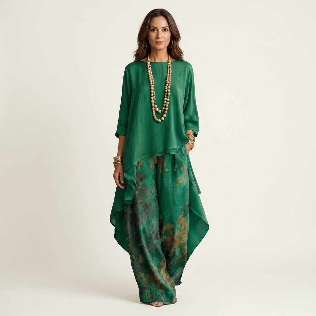 Cariola™ | Cotton-Silk Two-Piece Set with Asymmetric Tunic