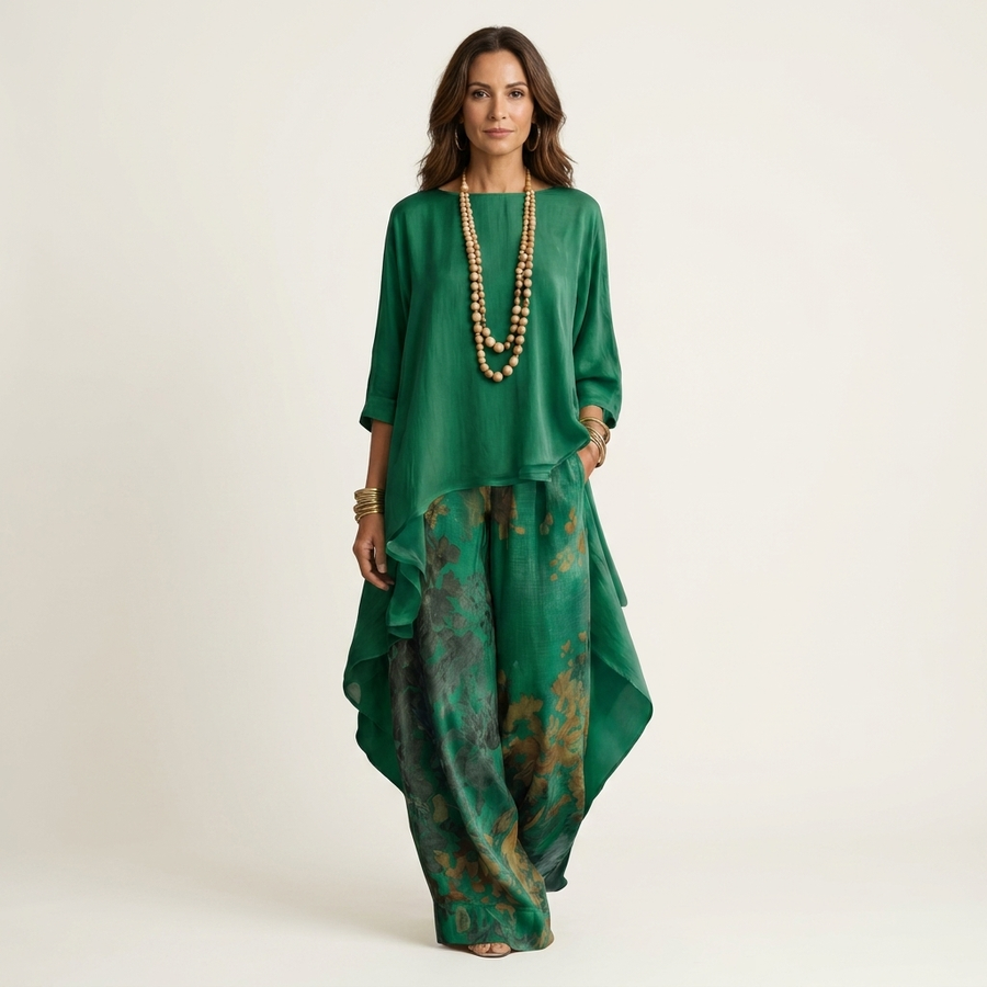 Cariola™ | Cotton-Silk Two-Piece Set with Asymmetric Tunic