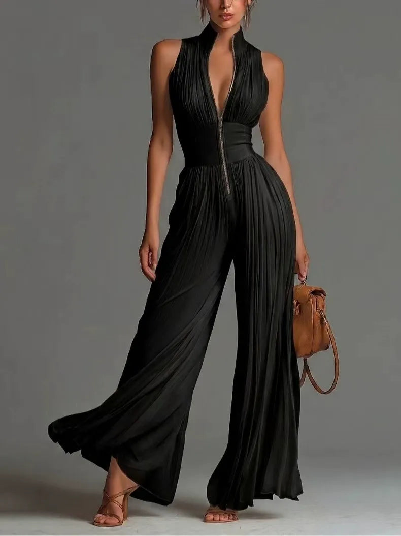 ZARIKA | Pleated Halterneck Wide-Leg Jumpsuit