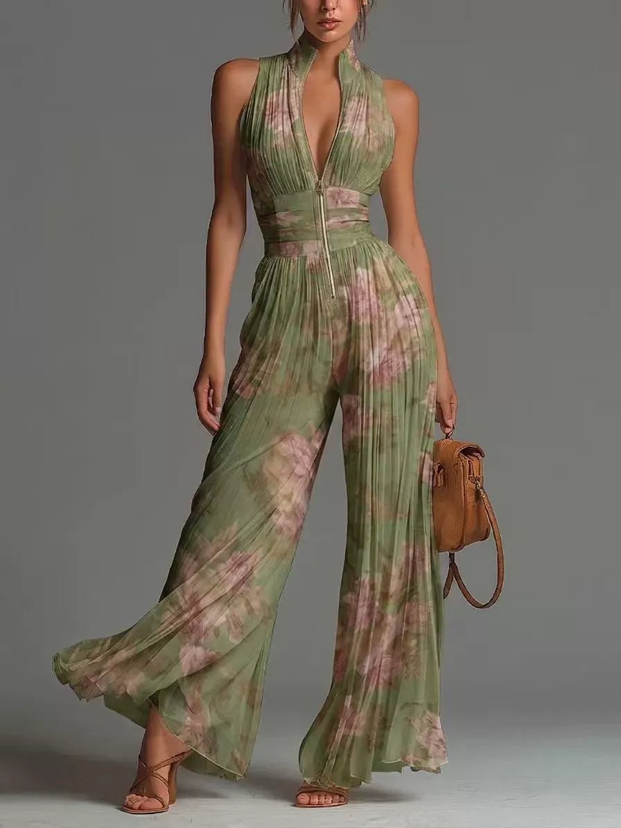 ZARIKA | Pleated Halterneck Wide-Leg Jumpsuit