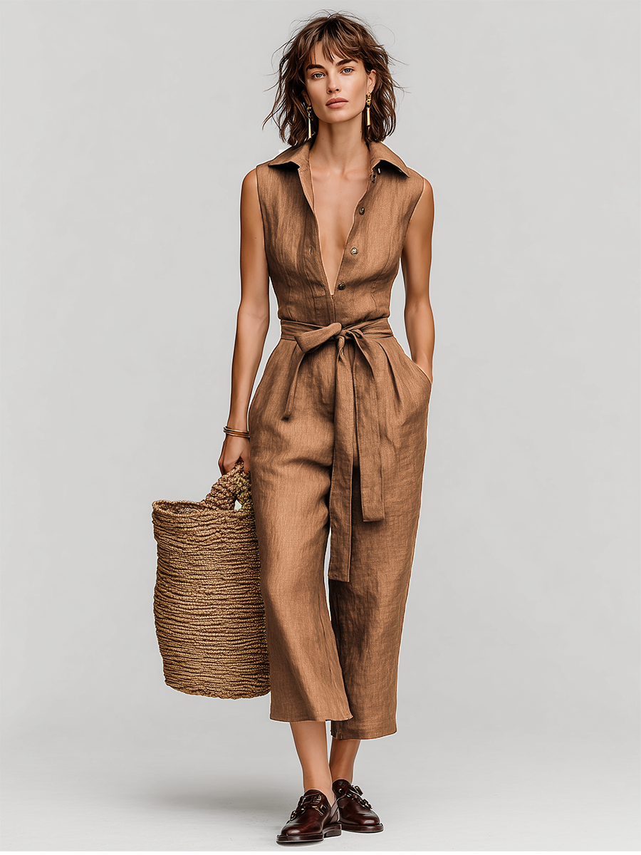 Lara | Tobacco Brown Linen Jumpsuit