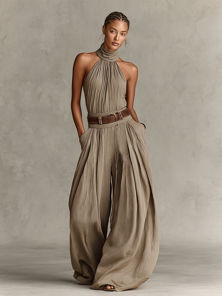 Bonnie | Taupe Cotton-Blend Jumpsuit Halter
