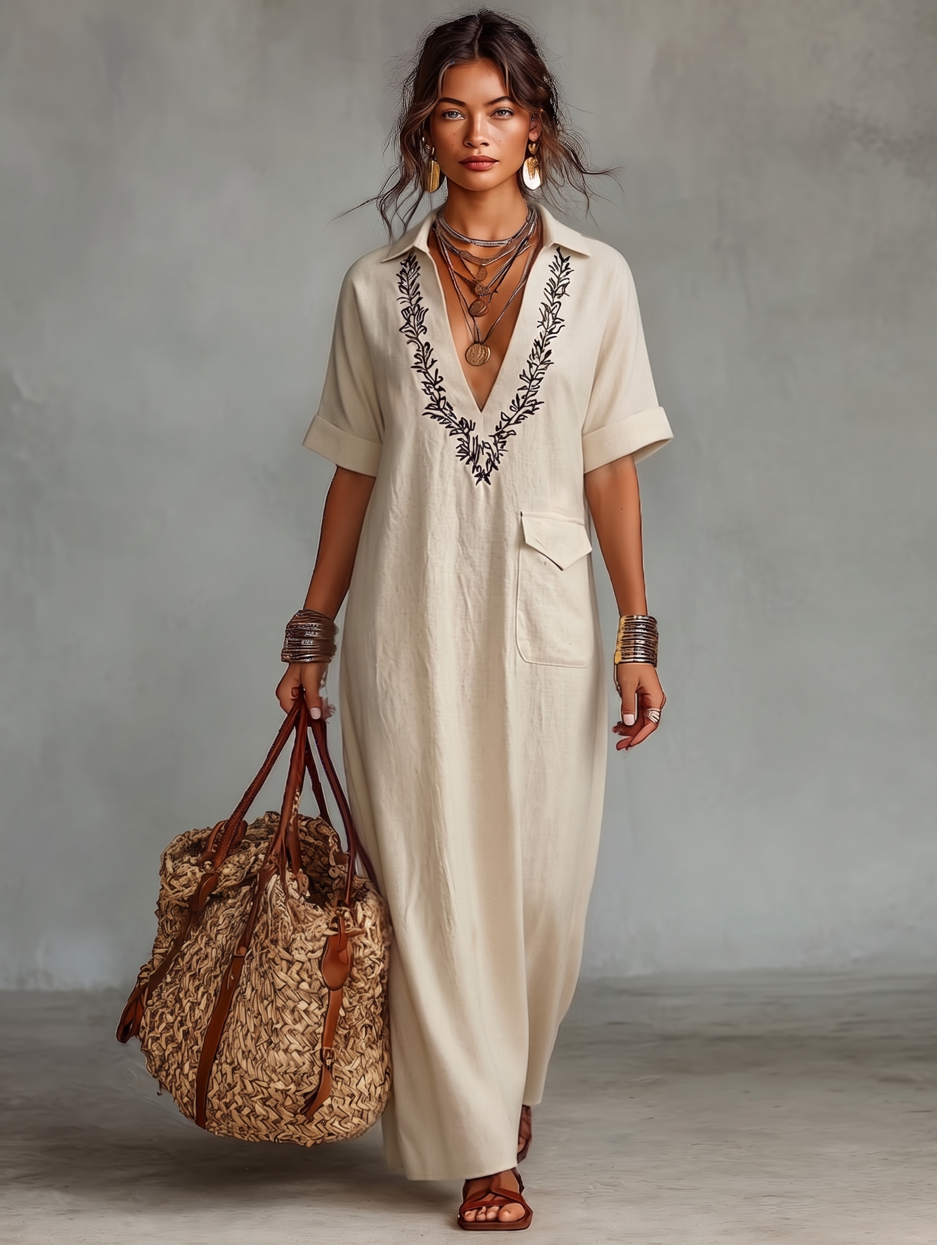Diana | Linen Blend Embroidered Short-sleeved
