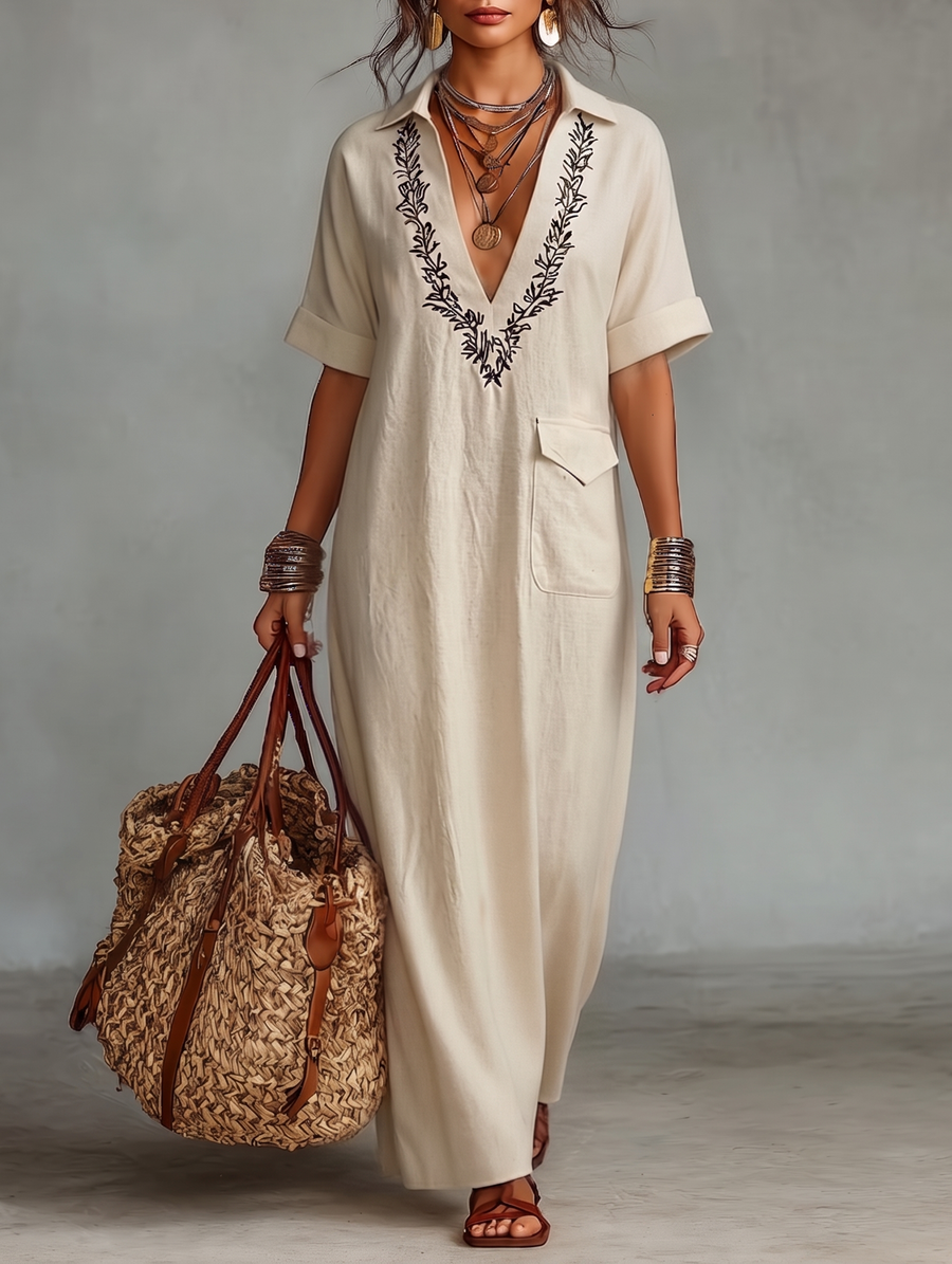 Diana | Linen Blend Embroidered Short-sleeved