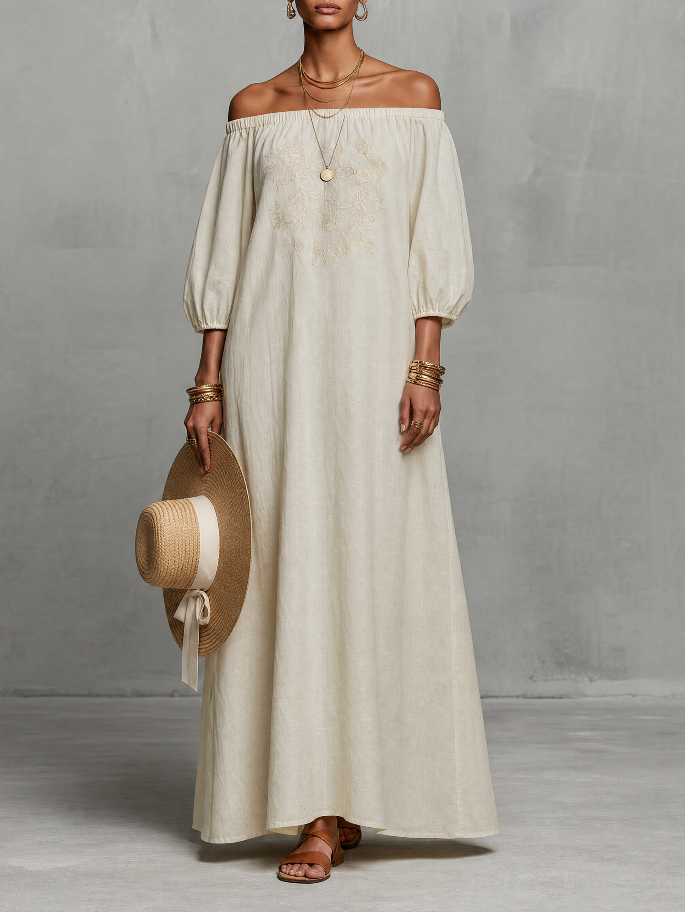Iris | Off--shoulder Three-quarter Sleeve Embroidered