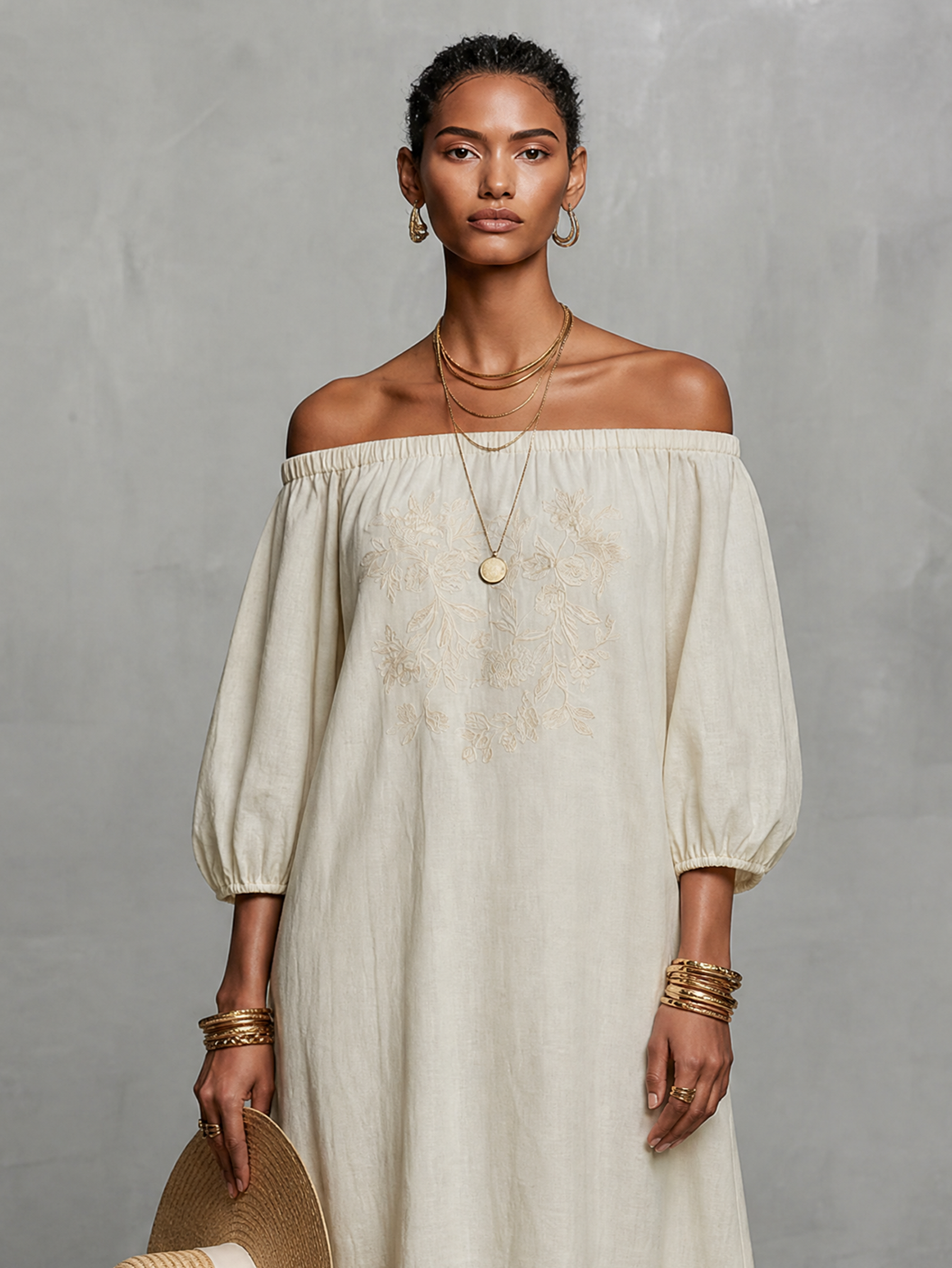 Iris | Off--shoulder Three-quarter Sleeve Embroidered