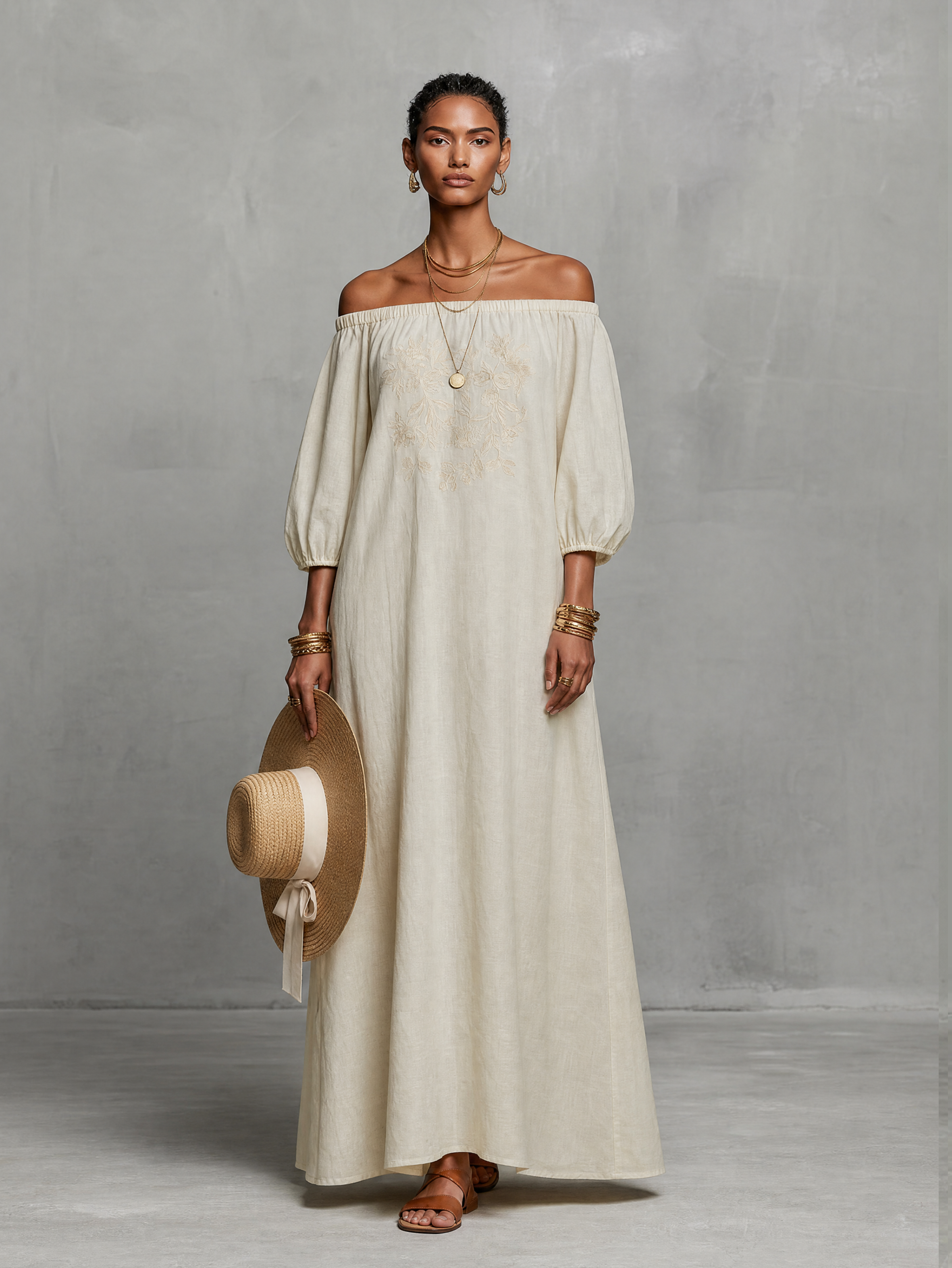 Iris | Off--shoulder Three-quarter Sleeve Embroidered