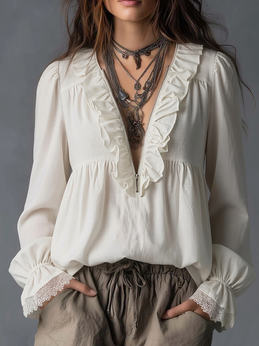 Juliet | Effortless Zip-up Collar Ruffled Cotton Linen