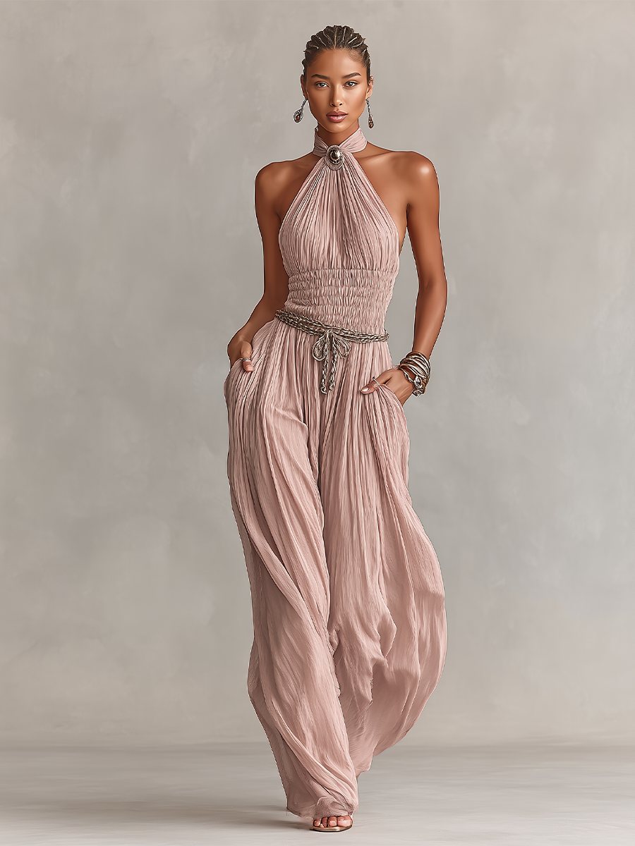 Isla | Blush Pleated Jumpsuit Halter