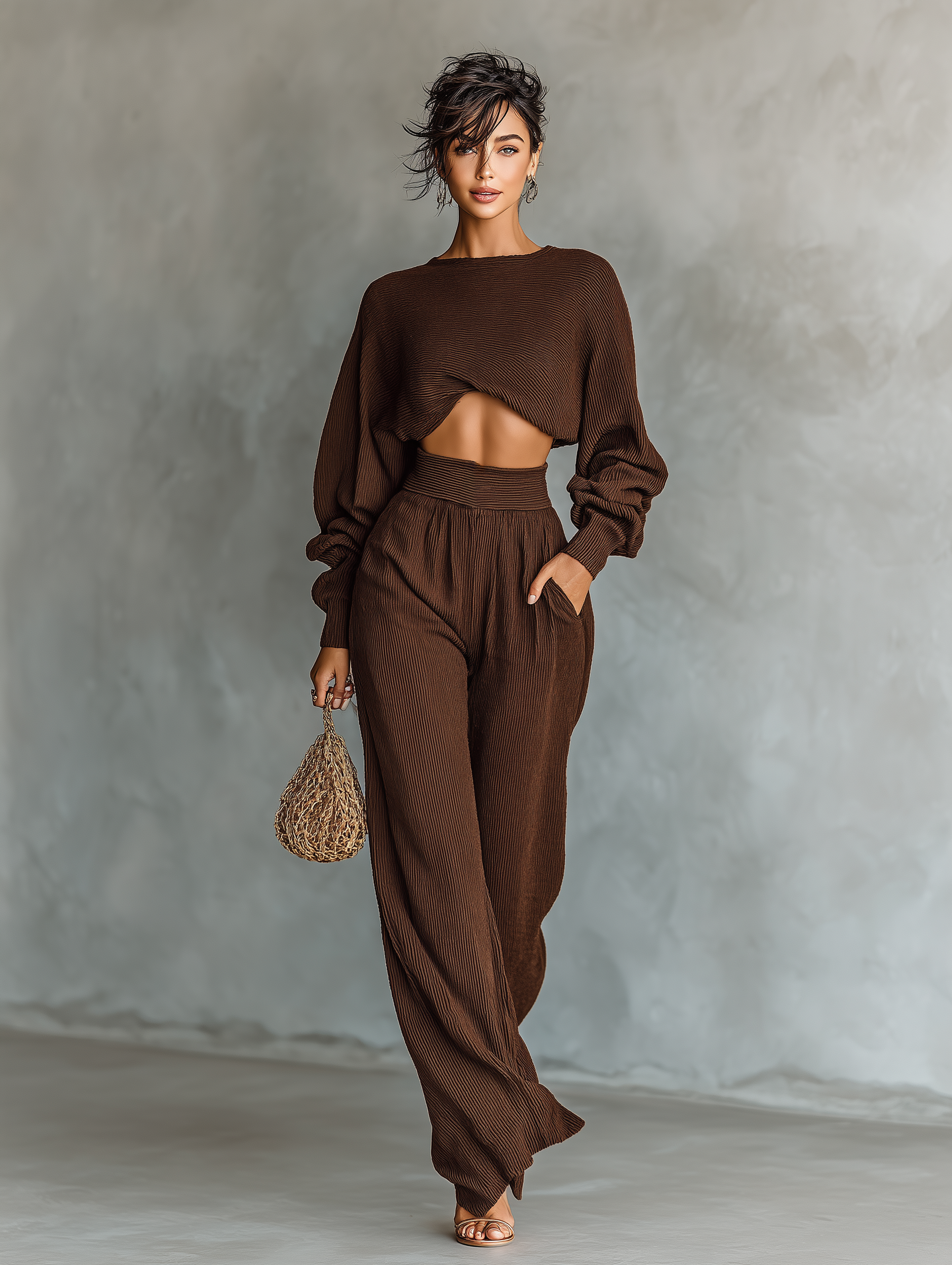 Una | Coffee-colored Short Top Wide-leg
