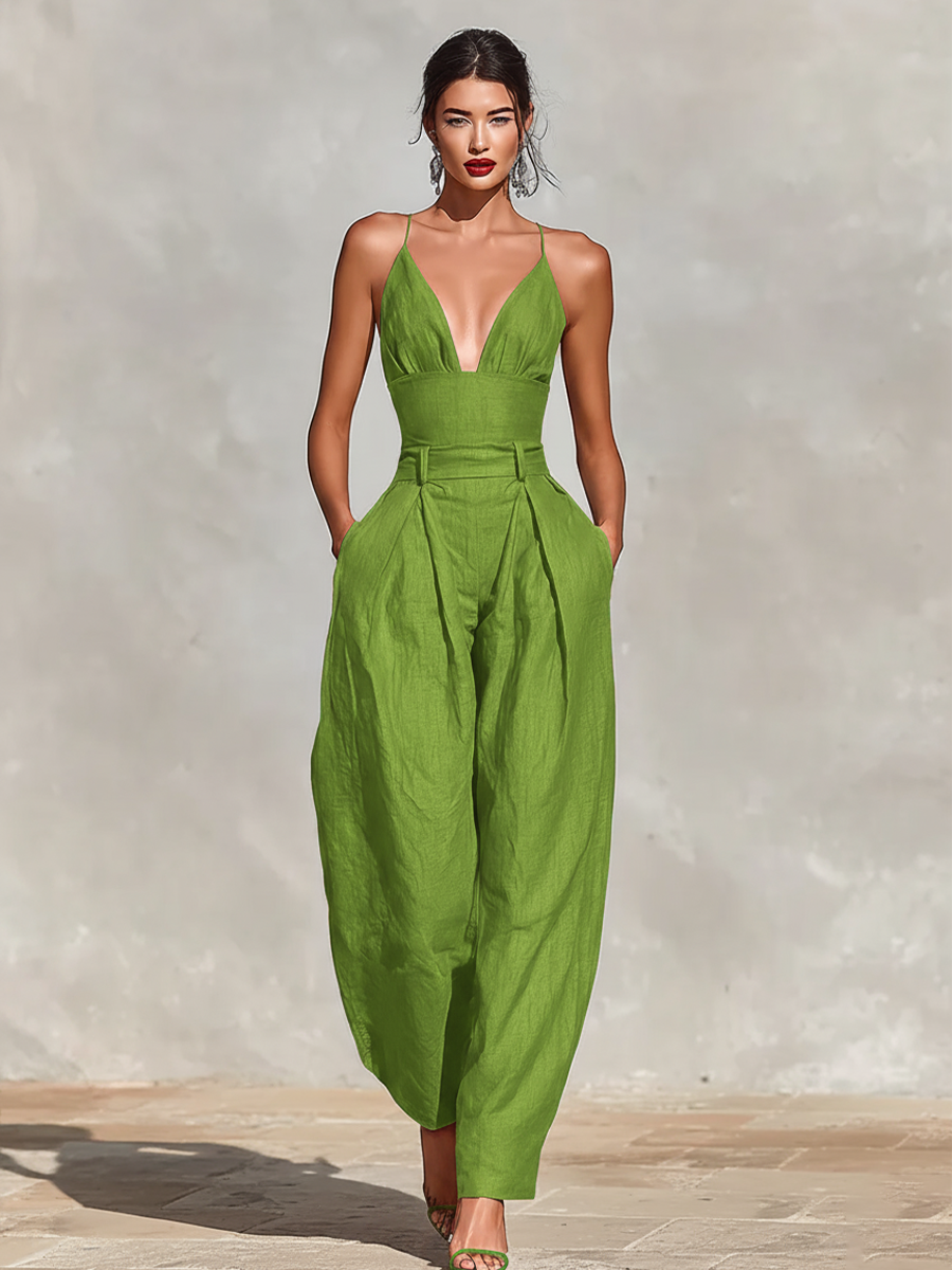 Cass | Red Linen Jumpsuit Spaghetti