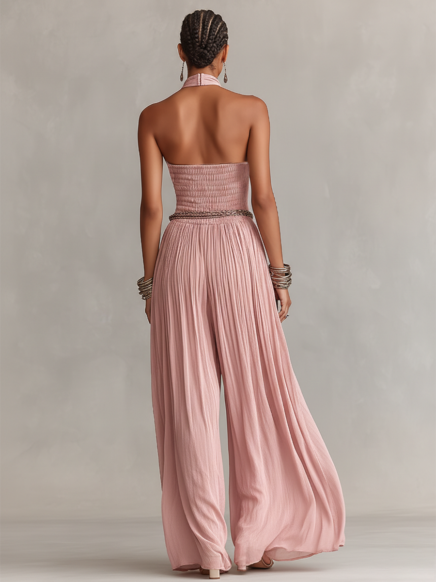 Isla | Blush Pleated Jumpsuit Halter