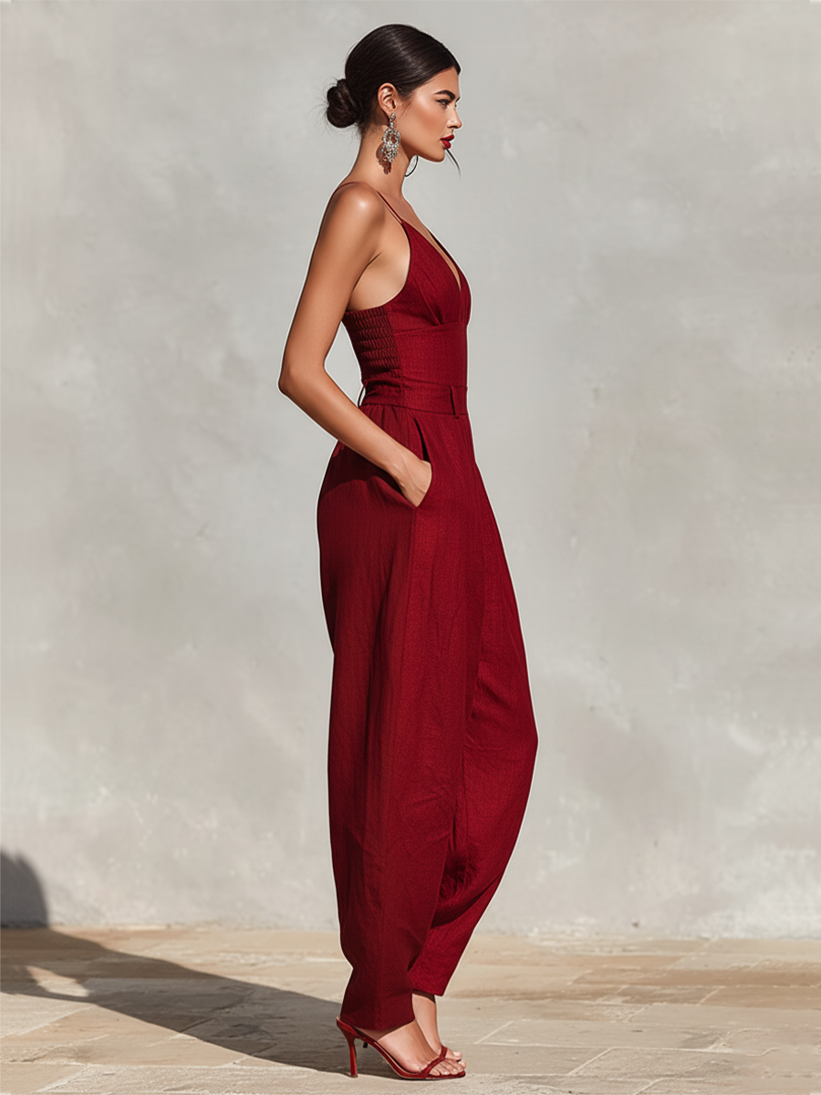 Cass | Red Linen Jumpsuit Spaghetti